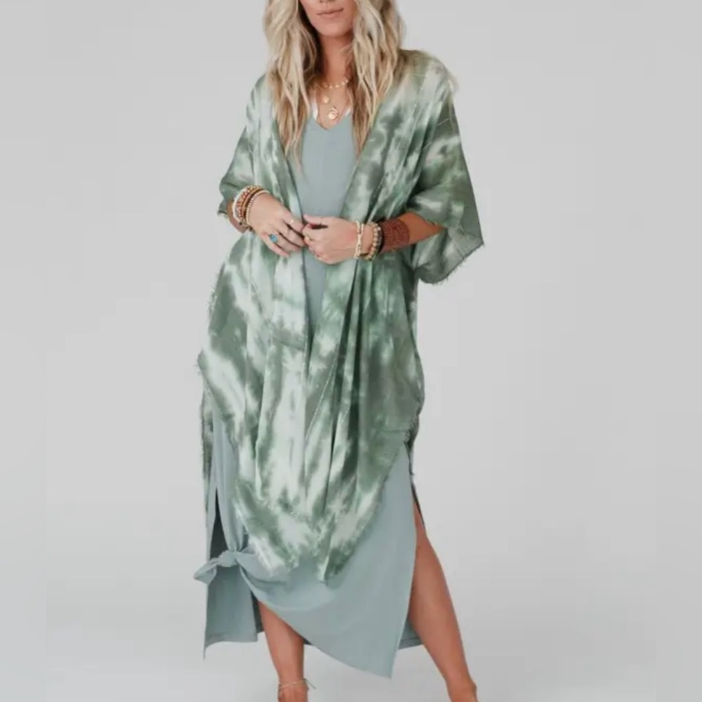 Three Bird Nest Demi Tie Dye Frayed Hem Kimono